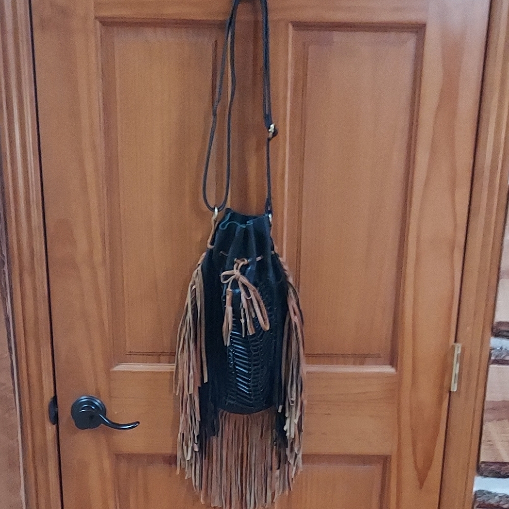 Fringe Leather Bucket Bag - Black and Tan